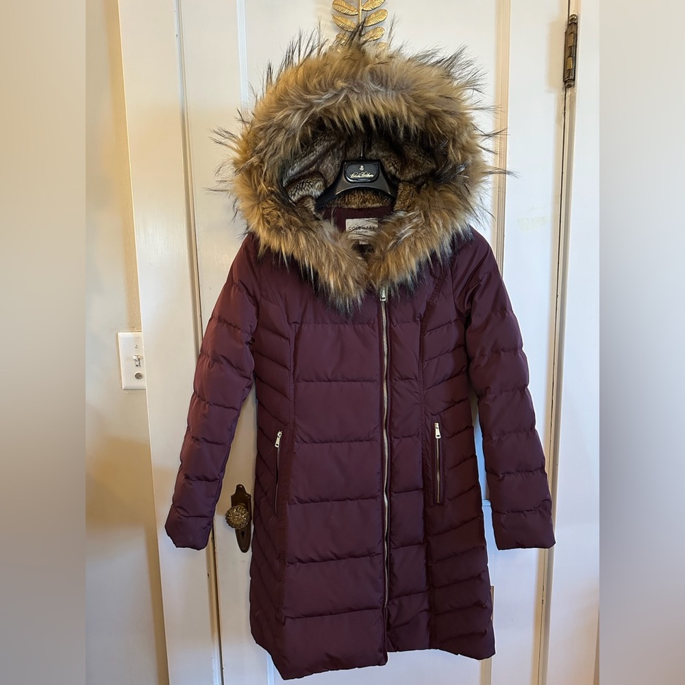 Cole Haan Signature Merlot Faux-Fur-Trim Hooded Asymmetrical Down Puffer Coat